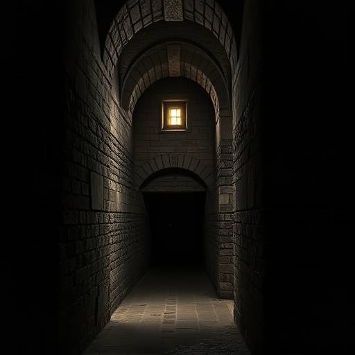 Interior de la Prisión Mamertina en Roma, una celda oscura y hümeda con paredes de piedra y poca luz.