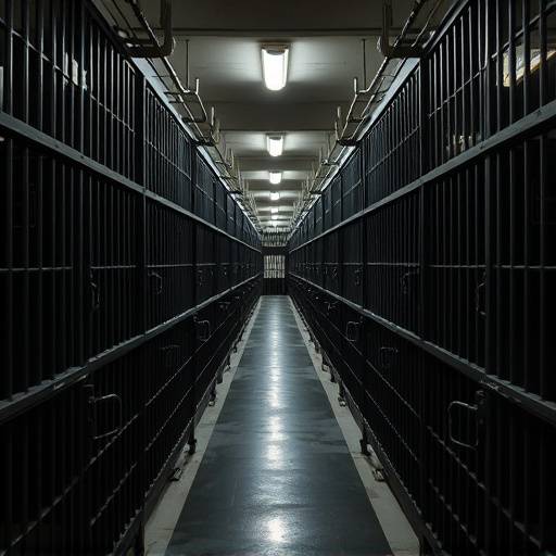 Un bloque de celdas en la prisión estatal de San Quentin, mostrando filas de celdas con barras de metal y pasillos estrechos.